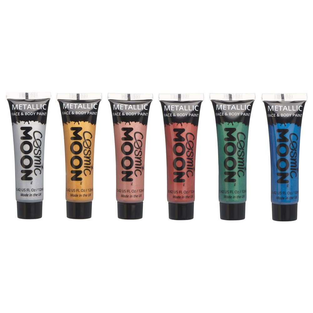 Cosmic Moon - Metallic Face Paint makeup for the Face & Body - 0.40fl oz - Create mesmerising metallic face paint designs! - Set of 6 - Includes: Silver, Gold, Rose Gold, Red, Green, Blue
