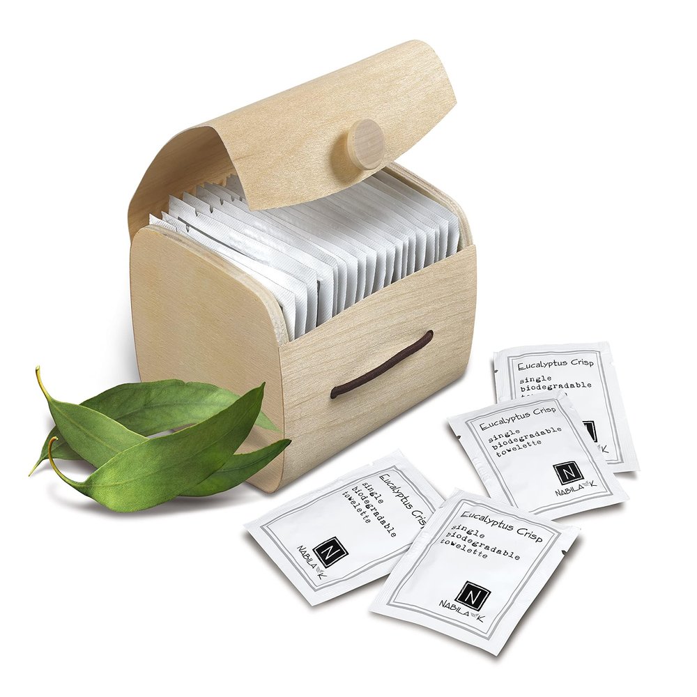 Eucalyptus Crisp Scented Moist Towelettes Single Use by Nabila K - Alcohol-Free, Plant-Based with Natural Ingredients - Individually Wrapped Disposable Travel Size Wipes with Bamboo Case - 20 Count