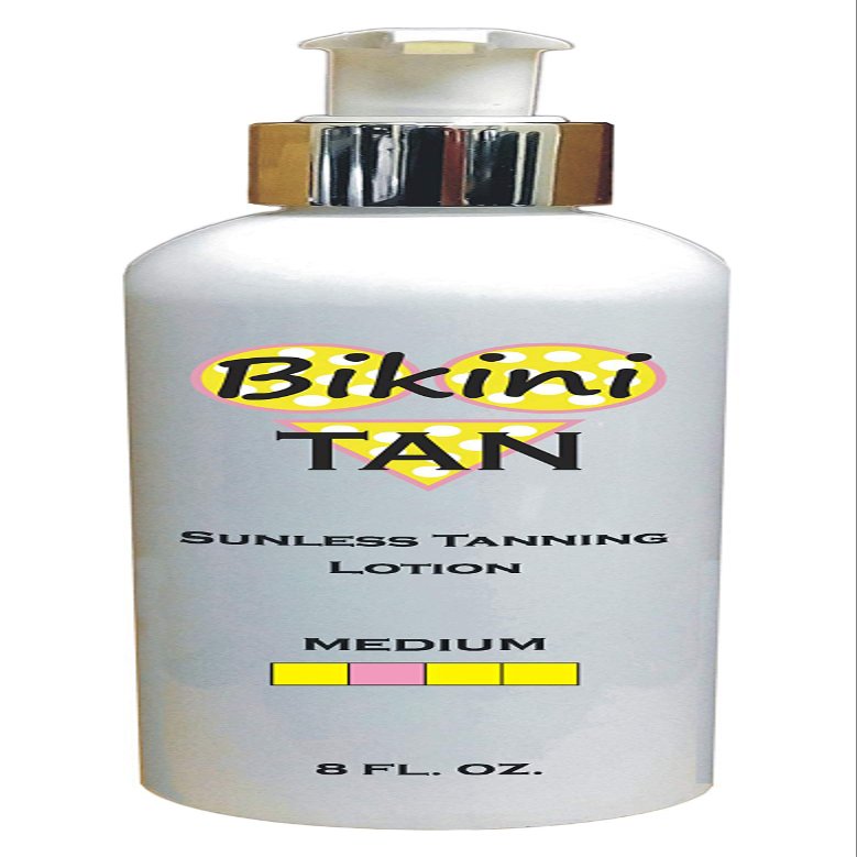 BIKINI TAN - Sunless Self Tanning Lotion - MEDIUM - 8 oz + INCLUDES: Applicator Mitt, Application Gloves and Best Fake Tanner Lotion Mousse Spray Sample  Gorgeous, Natural Looking Tan Lasts 7 Days
