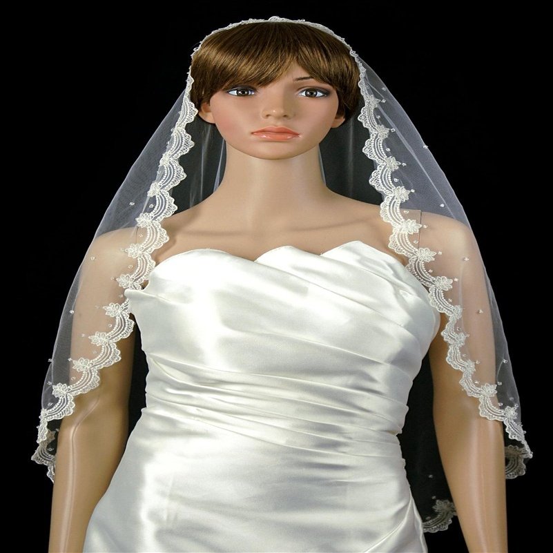 1 Tier Bridal Mantilla Veil Diamond (Off) White Fingertip Lace Edge Crystals