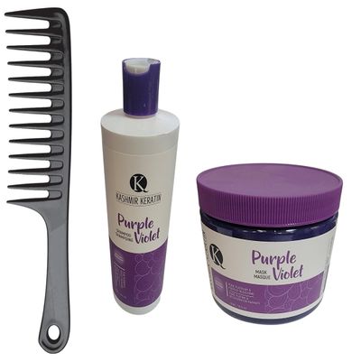 3PC Set: Kashmir Keratin Purple Violet Shampoo and Conditioner 16 oz each, PLUS Large Shampoo Comb