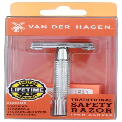 Van Der Hagen Mens Traditional Safety Razor Kit (includes 5 blades) for a close shave in Chrome