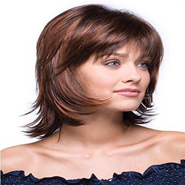 Bailey Wig Color Mochaccino - Rene of Paris Wigs 6.5" Mid Length Layered Shag Wispy Bangs Synthetic Open Weft Cap Bundle w/Comb, MaxWigs Hairloss Booklet