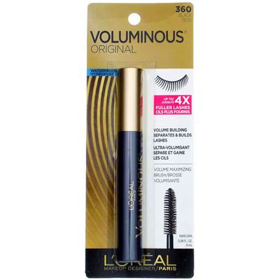 LOreal ParisVoluminous Waterproof Volume Building Mascara, Black [360], 0.28 oz (Pack of 3)