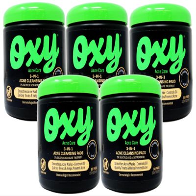Oxy Acne Care 3-in-1 Acne Cleansing Pads, 2% Salicylic Acid Acne Treatment, 90 Pads (Pack of 5)