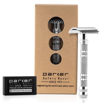 Parker Open Comb Double Edge Safety Razor  Heavyweight Chrome Handle for Closer Shaves  Includes 5 Razor Blades  Ideal for Men with Thick or Coarse Beards (24C-Chrome)