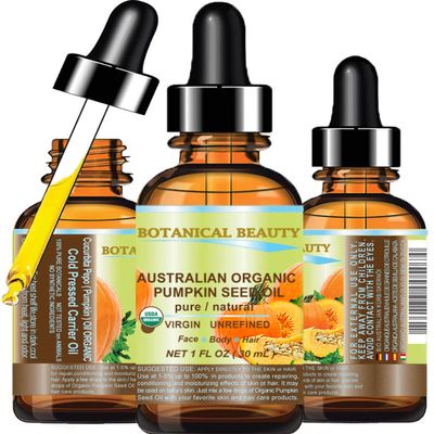 Botanical Beauty Australian ORGANIC PUMPKIN SEED OIL 100% Pure Natural Virgin Unrefined Cold Pressed Carrier Oil. 1 Fl.oz.- 30 ml. for Face, Skin, Hair, Lip, Nails