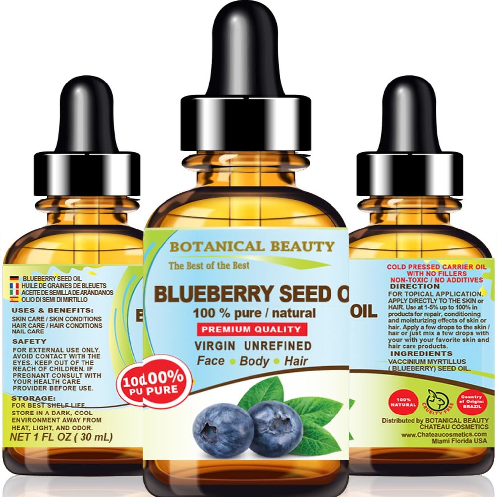 Botanical Beauty BLUEBERRY SEED OIL 100% Pure Natural Virgin Unrefined Cold Pressed Carrier Oil 1 Fl oz 30 ml for Face, Skin, Body, Hair, Lip, Nails. Rich in vitamin C, vitamin E