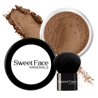 2pc FOUNDATION with KABUKI BRUSH Mineral Makeup (COCOA) Matte Loose Powder Bare Face Cosmetics Full Coverage Long Lasting All Skin Types SPF 18