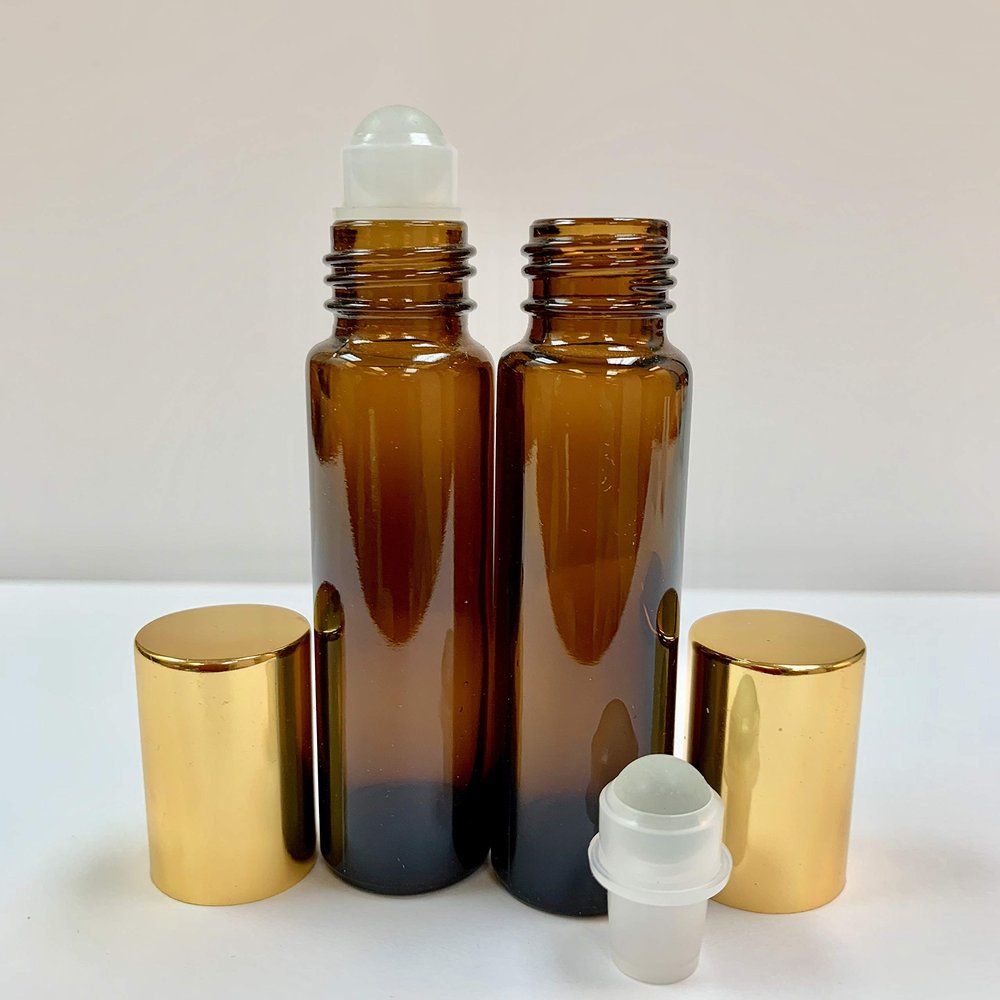 10ml [1/3 oz] EMPTY AMBER Glass Rollon Bottle with Plastic Roller & Aluminum Gold Caps [150 Pcs]