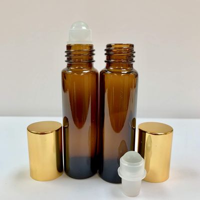 10ml [1/3 oz] EMPTY AMBER Glass Rollon Bottle with Plastic Roller & Aluminum Gold Caps [75 Pcs]