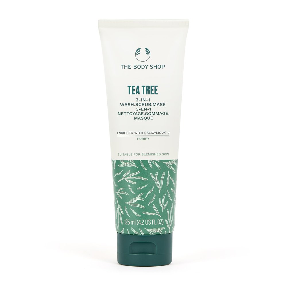 The Body Shop Tea Tree 3 in 1 Wash Scrub & Mask  Purifying Vegan Skincare For Oily, Blemished Skin  4.2 oz