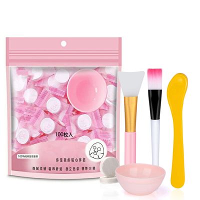 100 pcs Compressed Facial Mask Sheet Beauty DIY Disposable Mask Paper Natural Cotton Skin Care Wrapped Masks Normal ThickGet a Small Mask Bowl, Mask Brushes