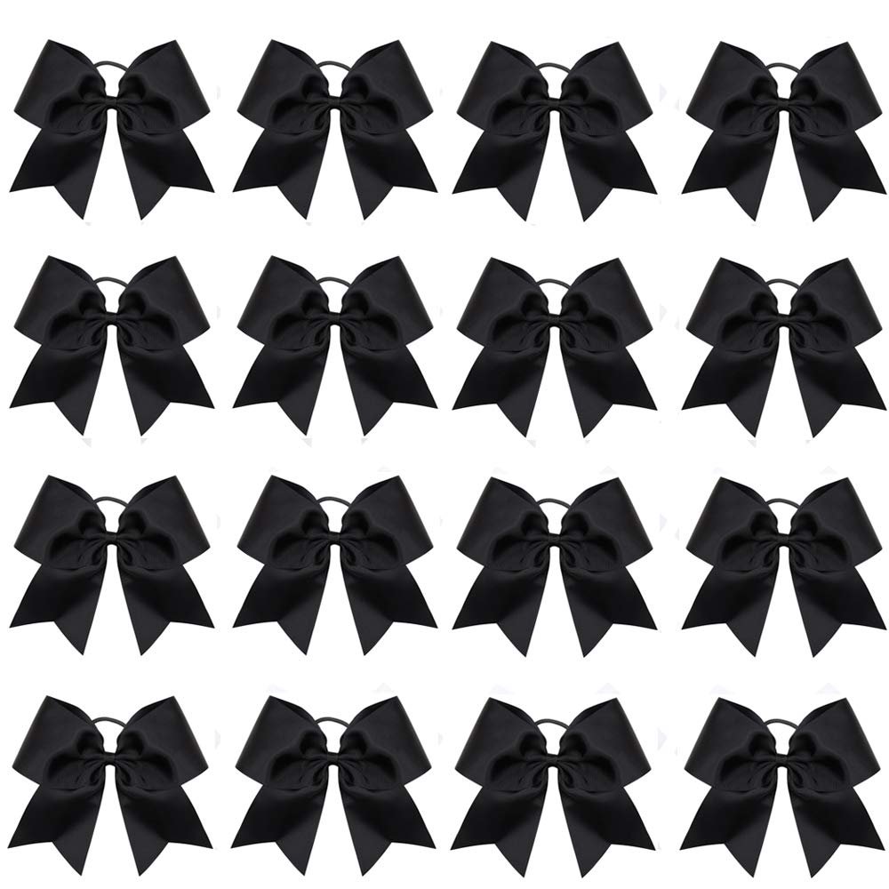 16PCS 8" Large Cheer Hair Bows Ponytail Holder Elastic Band Handmade for Cheerleading Teen Girls College Sports (Black, 1 Count (Pack of 16))