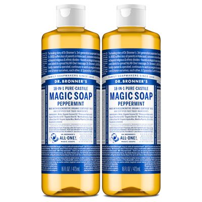 Dr. Bronner's Magic Soap-Pure-Castile Liquid Soap (Peppermint, 16 ounce, 2-Pack)-Regenerative Organic Certified Oils, 18-in-1 Uses: Body, Hair, Laundry, Pets & Dishes, Concentrated, Vegan, Non-GMO