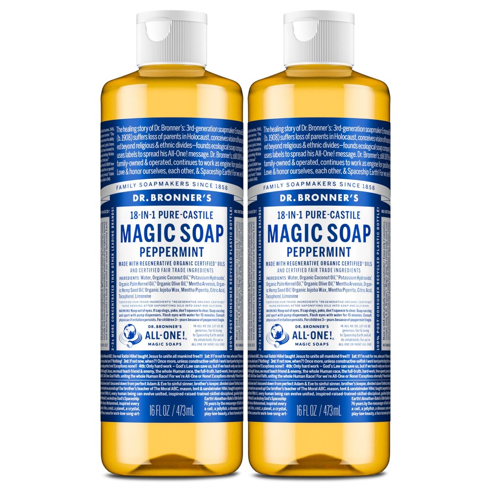 Dr. Bronner's Magic Soap-Pure-Castile Liquid Soap (Peppermint, 16 ounce, 2-Pack)-Regenerative Organic Certified Oils, 18-in-1 Uses: Body, Hair, Laundry, Pets & Dishes, Concentrated, Vegan, Non-GMO