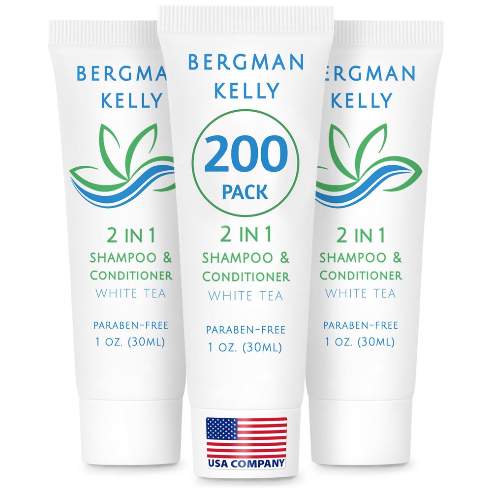 BERGMAN KELLY - Travel Size 2 in 1 Shampoo & Conditioner - 1 fl oz, 200 PK, White Tea - Delight Your Guests w/Revitalizing & Refreshing Shampoo Amenities, Quality Small Size Hotel Toiletries in Bulk