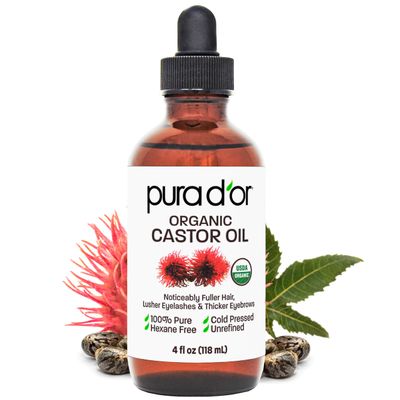 PURA D'OR 4 Oz Organic Castor Oil  Pure Cold-Pressed, Hexane-Free, USDA Certified  Lashes, Brows, Hair, Scalp, Skin  Botanical Moisturizer Supporting Softness, Strength, Hydration, Shine & Radiance