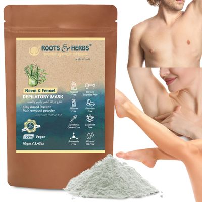 Neem & Fennel Hair Intimate Bikini Hair Removal for Womens & Mens Legs, Underarm, & Chest,- Depilatory Powder Body Hair Remover with Ayurvedic Herbs for All Skin Types - Roots and Herbs, 2.47oz