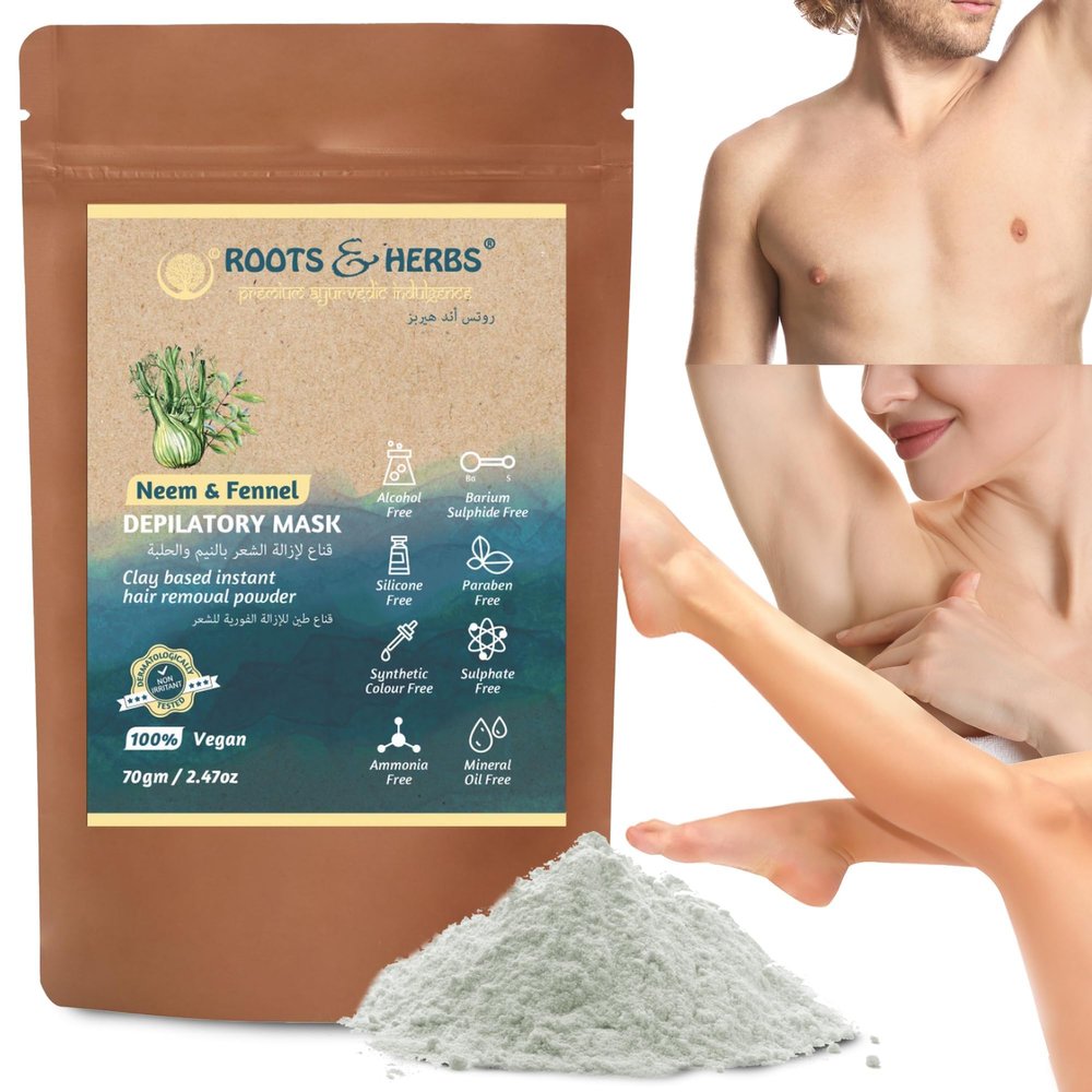 Neem & Fennel Hair Intimate Bikini Hair Removal for Womens & Mens Legs, Underarm, & Chest,- Depilatory Powder Body Hair Remover with Ayurvedic Herbs for All Skin Types - Roots and Herbs, 2.47oz