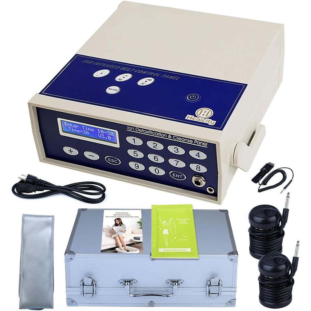 Healcity Ionic Foot Bath Detox Machine Birthday Gift Professional Negative Hydrogen Ion Foot Detoxification System with 2 Detox Arrays Far Infrared Wrist Strap Waist Belt Storage Case