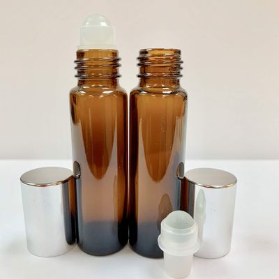 10ml [1/3 oz] EMPTY AMBER Glass Rollon Bottle with Plastic Roller & Aluminum SILVER RING Caps [150 Pcs]