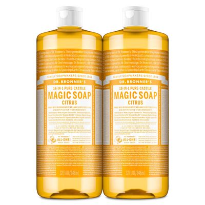 Dr. Bronner's Magic Soap-Pure-Castile Liquid Soap (Citrus, 32oz, 2-Pack)-Regenerative Organic Certified Oils, 18-in-1 Uses: Body, Hair, Laundry, Pets & Dishes, Concentrated, Vegan, Non-GMO