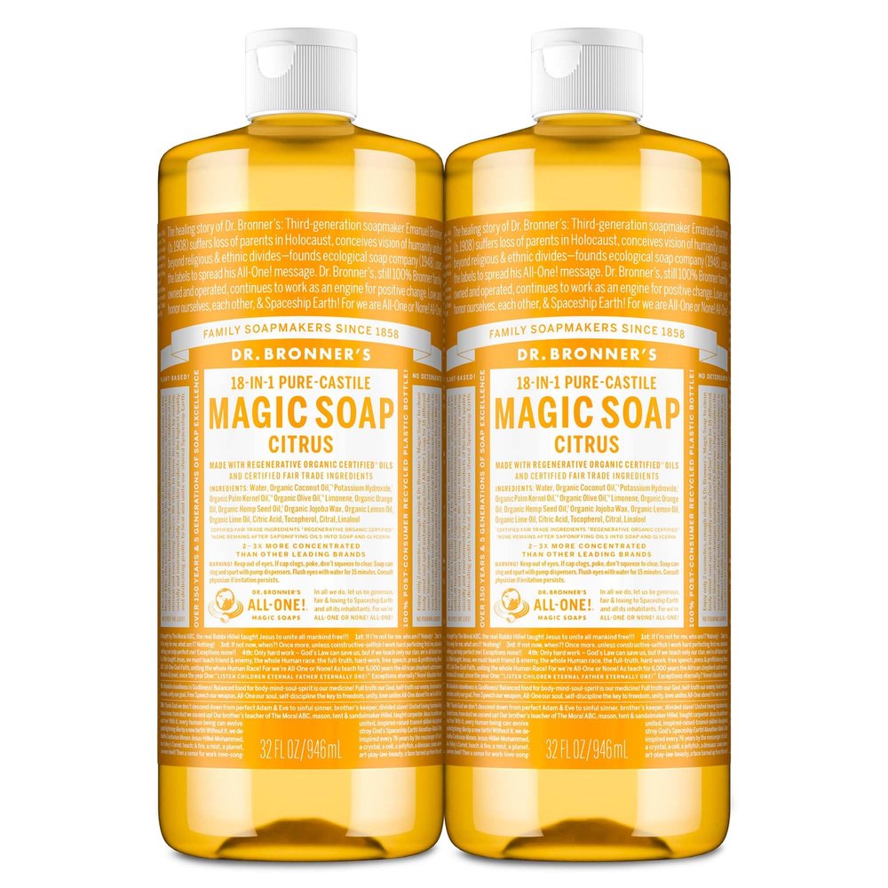 Dr. Bronner's Magic Soap-Pure-Castile Liquid Soap (Citrus, 32oz, 2-Pack)-Regenerative Organic Certified Oils, 18-in-1 Uses: Body, Hair, Laundry, Pets & Dishes, Concentrated, Vegan, Non-GMO