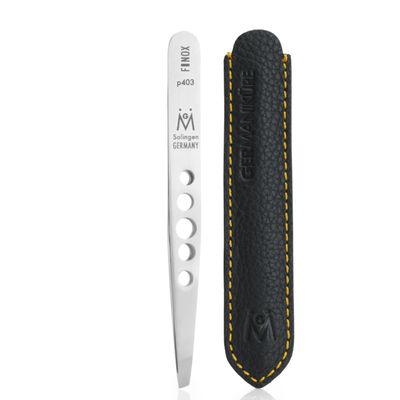 GERMANIKURE Professional Perforated Slanted Tweezers - FINOX Stainless Steel Sharp in Leather Case - Ethically Made in Solingen, Germany - 4403
