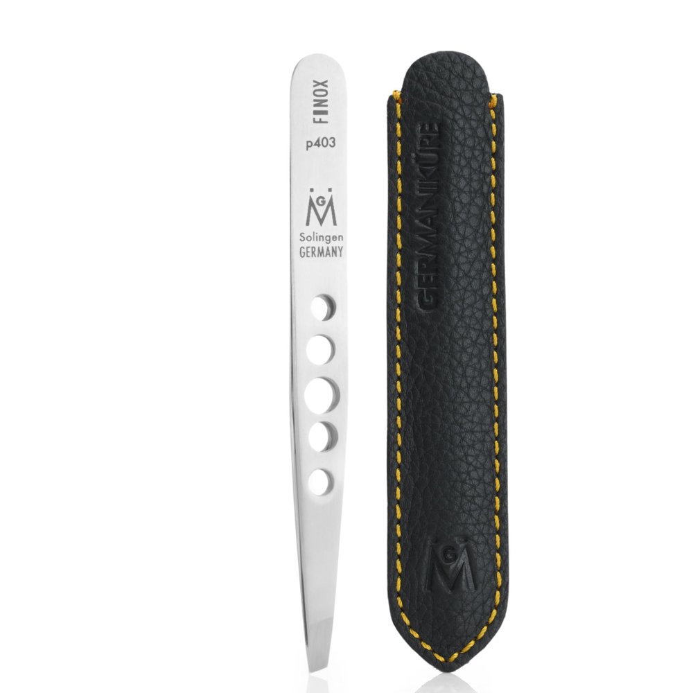 GERMANIKURE Professional Perforated Slanted Tweezers - FINOX Stainless Steel Sharp in Leather Case - Ethically Made in Solingen, Germany - 4403