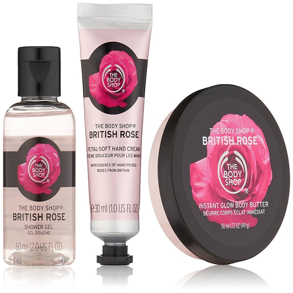 The Body Shop British Rose Beauty Bag Gift Set, 3pc Bath and Body Gift Set of Travel Size British Rose Body Care