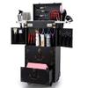 ASCASE Rolling Lockable Makeup Train Case Hairdressing Trolley Stylist Beauty Salon Cosmetic Luggage Travel Organizer Tool Box with Hair Dryer Holder view 1