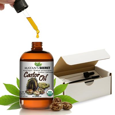 Mayan's Secret - Pure Cold-Pressed Castor Oil Organic Hexane-Free Unrefined 4 fl oz Glass Bottle  Natural Castor Oil for Hair Growth, Eyelashes, Eyebrows, Skin, Face & Body  USDA Certified