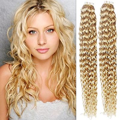 HOTstyle - 24" (60cm) Tape Hair/Tape IN human REMY hair curly - the lightest blonde