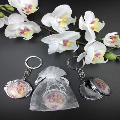 12 Pcs New Baptism Compact Mirror Keychain Favor - Bautizo Recuerdos / 3 Angel Baby Design Makeup Compact/First Communion With Organza Bags