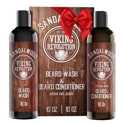 Beard Wash & Beard Conditioner Set w/Argan & Jojoba Oils - Softens & Strengthens - Natural Sandalwood Scent - Beard Shampoo w/Beard Oil (10oz)
