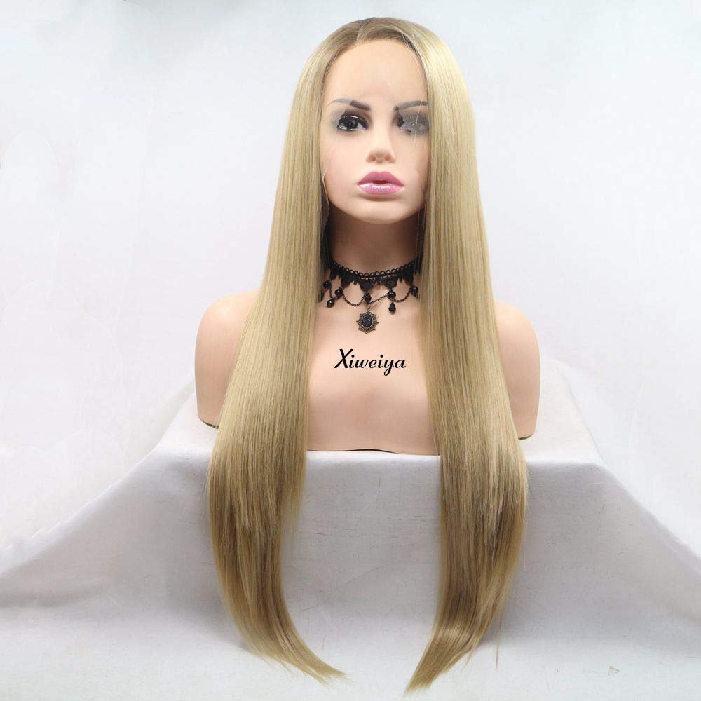 xiweiya Long Ombre Blonde Wig straight Synthetic Blonde Lace Front Wigs Straight Heat Resistant Fiber for Women, Girl Drag Queen Side Part Long Blonde Hair Wigs Hairstyle Wig 24 inch