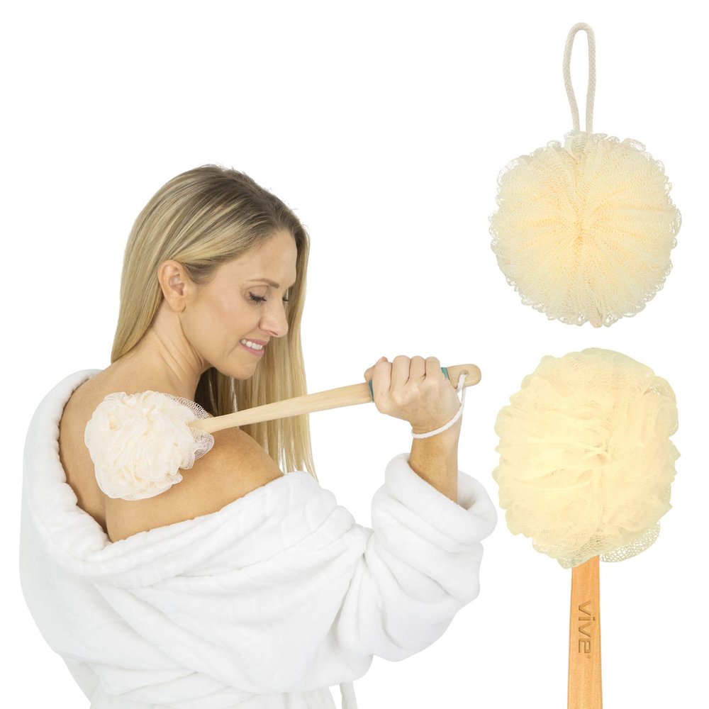 Vive 17 Shower Loofah with Long Handle - Exfoliating Back & Body Scrubber for Men & Women - Luffa Sponge on a Stick for Bathing, Cleaning - Includes Extra Handheld Lufa, Hook & String to Hang on Wall