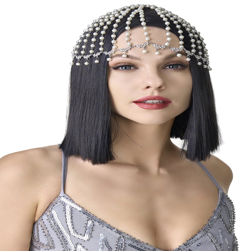 BABEYOND 1920s Crystal Cap Headpiece Rhinestone Head Chain Roaring 20s Great Gatsby Hair Accessories for Art Deco Party (Silver Pearl)