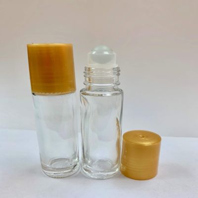 10ml [1/3 oz] EMPTY CLEAR Glass Rollon Bottle with Plastic Roller & Plastic Gold Caps [12 Pcs]