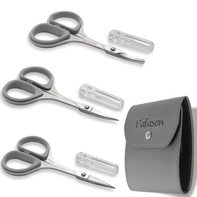 PAFASON Ultra Sharp Beard Scissor Set, High Precision Straight Curved Round Tip Mustache Facial Nose Hair Trimming Tool, Stainless Steel, Safety Case, Premium Leather Pouch