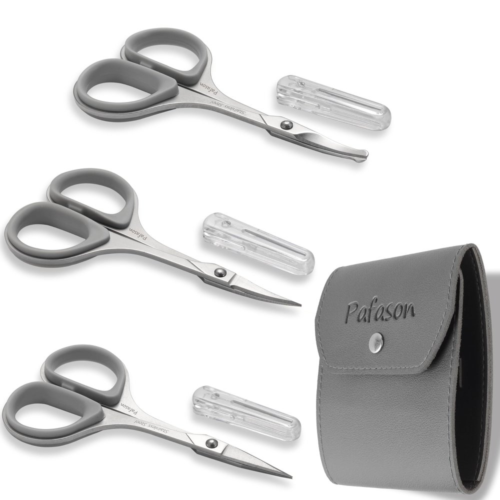 PAFASON Ultra Sharp Beard Scissor Set, High Precision Straight Curved Round Tip Mustache Facial Nose Hair Trimming Tool, Stainless Steel, Safety Case, Premium Leather Pouch