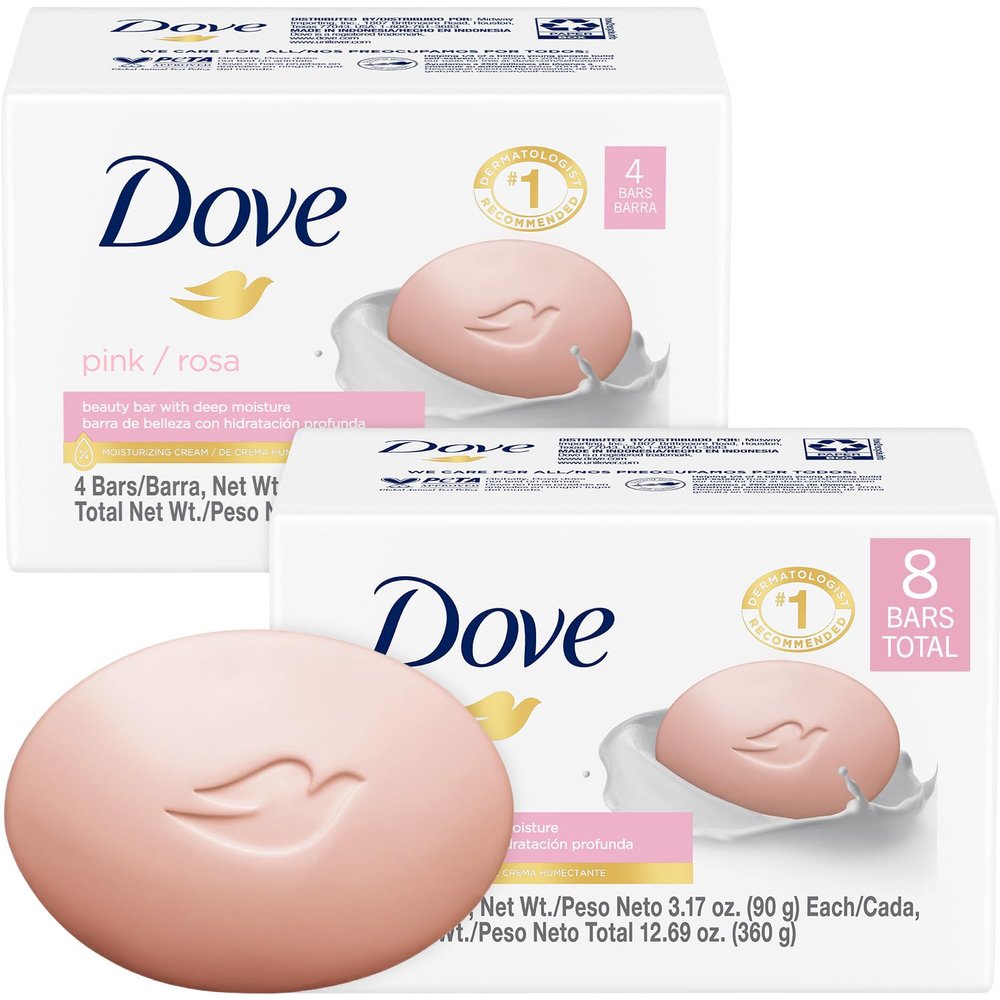 Dove Soap, Pink Beauty Bar 2-Pack (8 Soap Bars) 3-in-1 Moisturizing Face, Body & Hand Soap, 3.17 Oz Ea