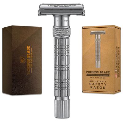VIKINGS BLADE Adjustable Double Edge Safety Razor + Luxury Case. Smooth, Reusable, Eco-Friendly (The Emperor Frosted Chrome)