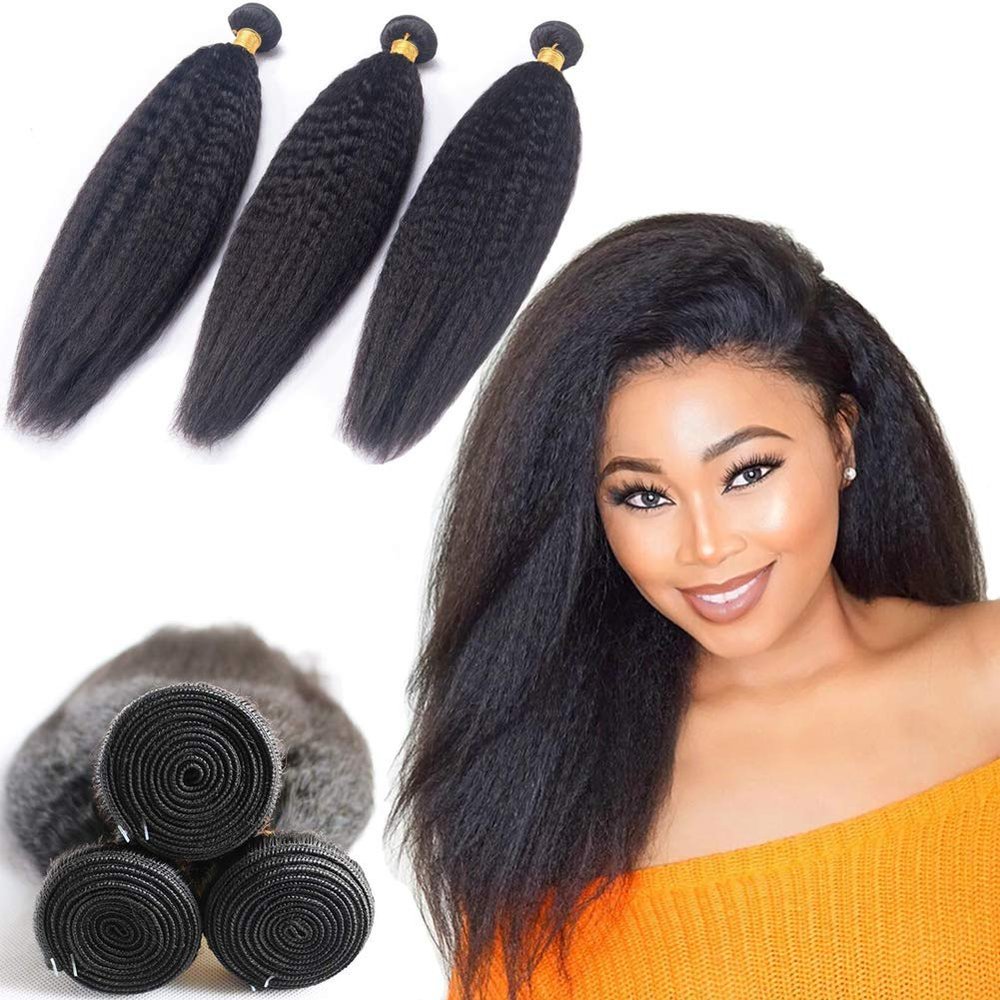 DAIMER Kinky Straight Human Hair 3 Bundles 100G/Pcs Yaki Straight Human Hair Bundle Unprocessed Brazilian Virgin Hair Extensions Double Weft Bundles Sew In Hair Weave Natural Black 10 12 14Inch