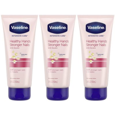 Vaseline Lotion, Healthy Hands Stronger Nails with Keratin 3-Pack Intensive Care Hand Lotion with Petroleum Jelly, 3.4 Oz Ea