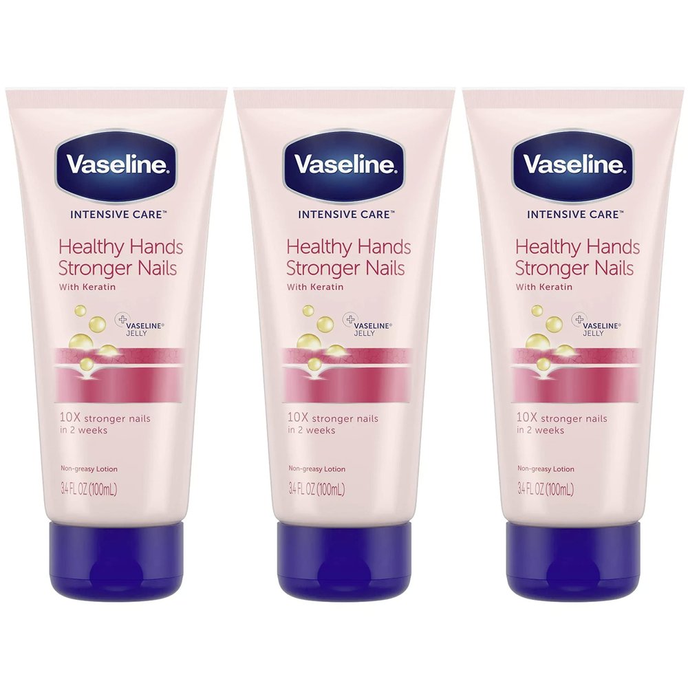 Vaseline Lotion, Healthy Hands Stronger Nails with Keratin 3-Pack Intensive Care Hand Lotion with Petroleum Jelly, 3.4 Oz Ea