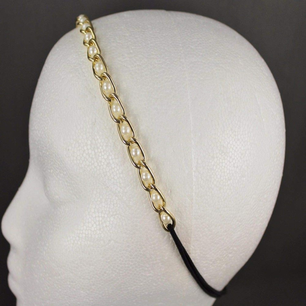 Faux Pearl Chain Link Headband Gold Stretch Elastic Thin Skinny Hair Band Headbands for Women
