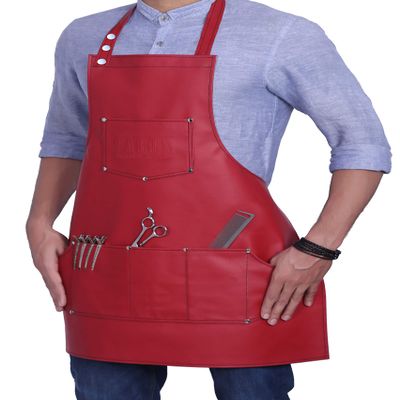 Facn Professional Leather Hair Cutting Hairdressing Barber Apron Cape for Salon Hairstylist - Multi-use, Adjustable with 6 pockets - Heavy Duty Premium Quality - Limited Edition - 28" x 24" (Red)
