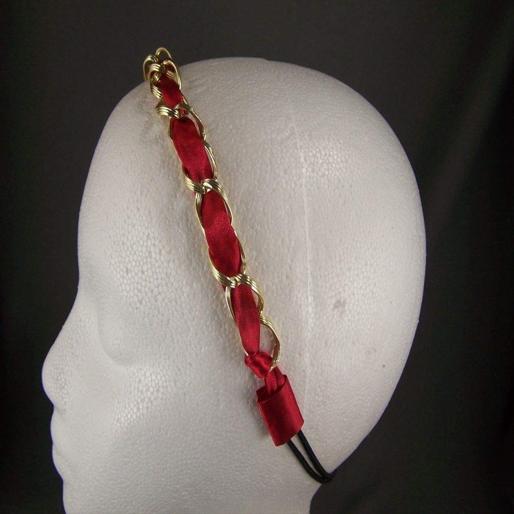 Red Satin Gold Chain Link Stretch Elastic Headband 1/2" Wide Lightweight Headbands for Women